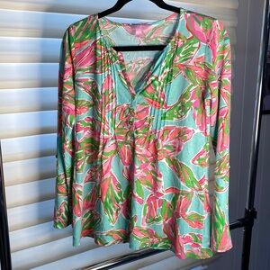 Lilly Pulitzer cotton women floral green pink long sleeves top size S